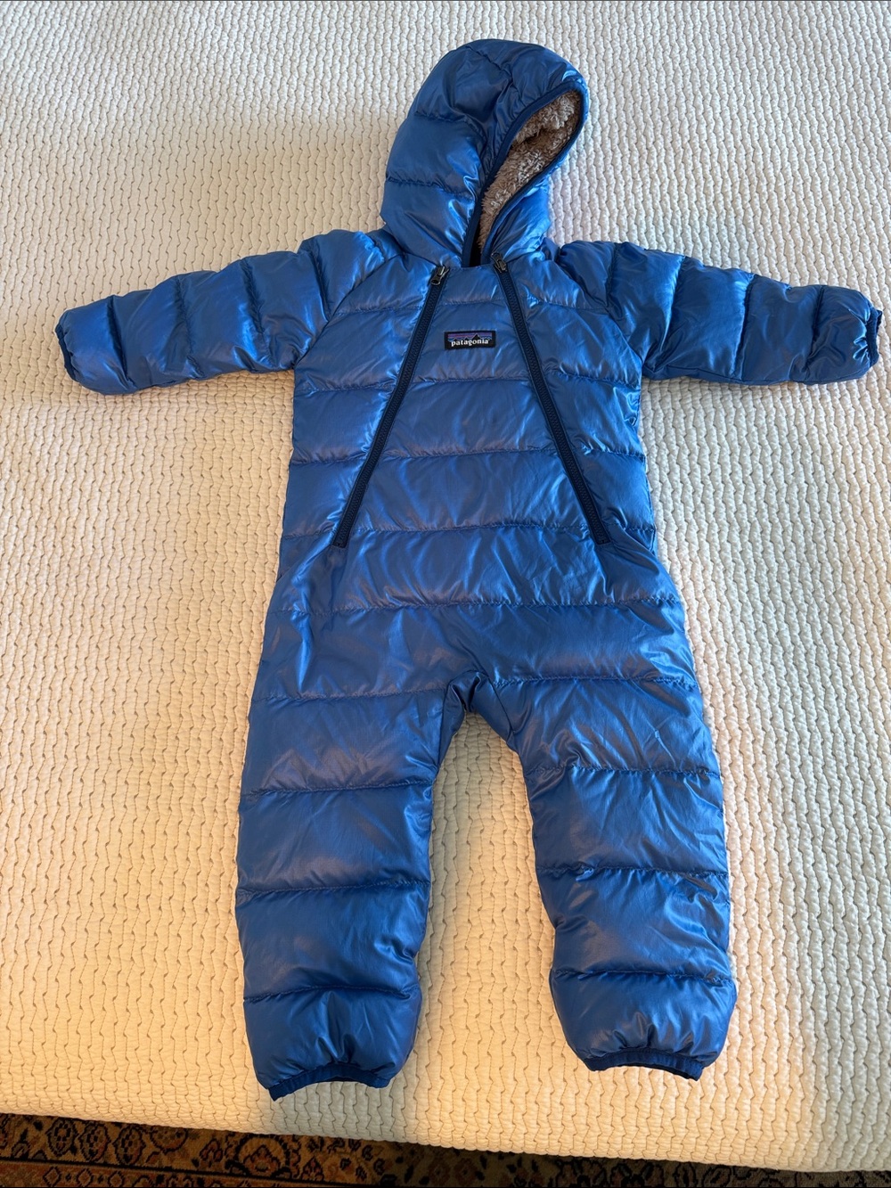 Patagonia Kids Royal Blue Down One-Piece Bunting with Fleece Hood